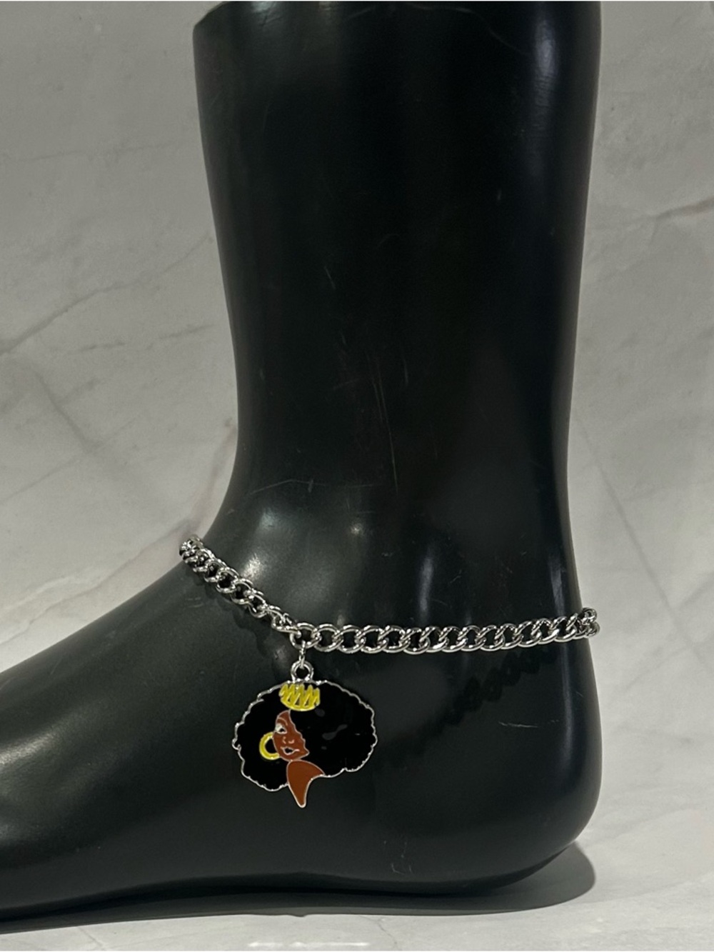 Silver Chain Anklet with Afro Girl Charm
